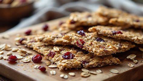 Haferflocken und Cranberries auf einem Holzbrett