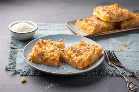 Hagelschauer-Kuchen mit Kokosstreuseln auf Blech, angeschnittenes Stück, Detail der Schichten