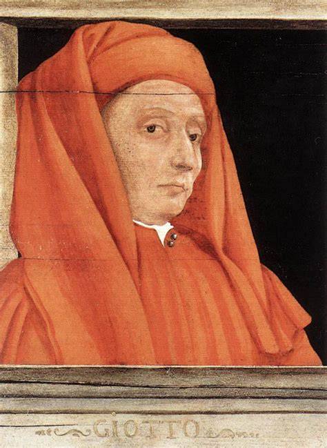 Handgemalte Illustration einer Giotto Kugel, daneben ein Porträt von Giotto di Bondone