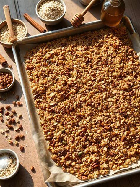 Haselnuss-Granola knusprig gebacken auf Backblech