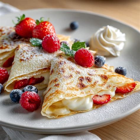 Hauchdünner Crêpe, bestäubt mit Puderzucker, auf Teller mit Erdbeeren