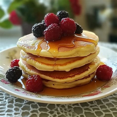 Haufen frisch gebackener Pfannkuchen mit Joghurt und Beeren