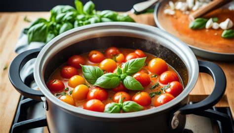 Hausgemachte Tomatensauce im Topf nach italienischem Rezept