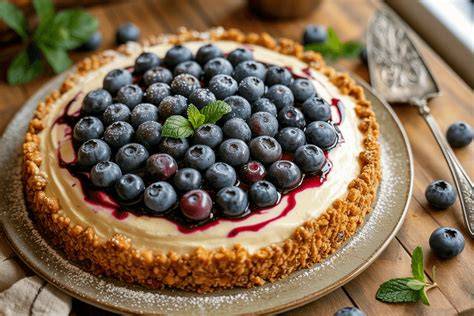 Heidelbeer Joghurt Torte angeschnitten auf einem Servierteller