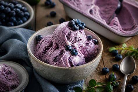 Heidelbeer-Joghurt-Eis in Schale mit Löffel