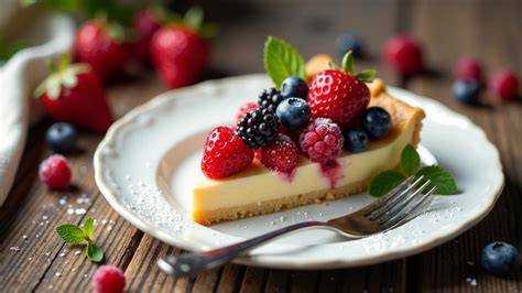 Heidelbeer-Pudding-Kuchen: Anschnitt mit Mürbeteig, Vanillepudding und frischen Beeren
