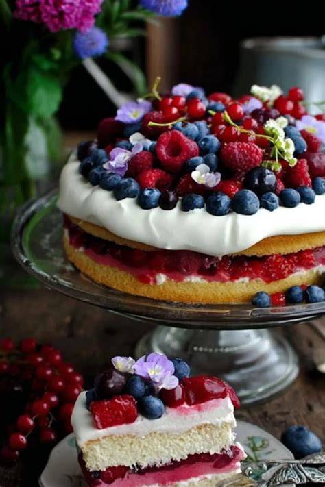 Heidelbeer-Vanille-Torte Anschnitt mit Schichten aus Biskuit, Creme und Beeren
