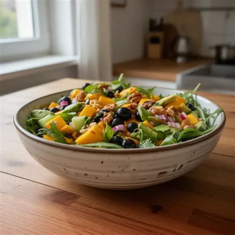 Heidelbeeren und Mango auf rustikalem Holztisch, Zutaten flachgelegt