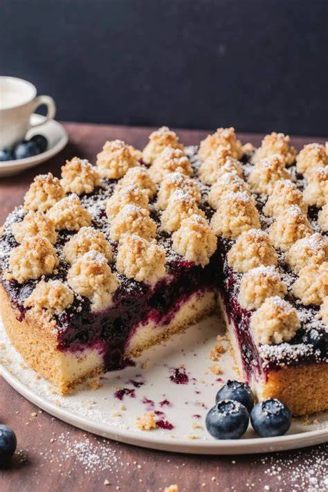 Heidelbeerkuchen mit Pudding und Streuseln auf Kaffeetisch