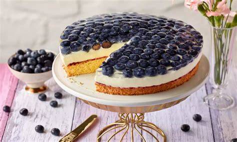 Heidelbeertorte mit Schichten: Biskuit, Joghurtcreme, Heidelbeerspiegel (Infografik)
