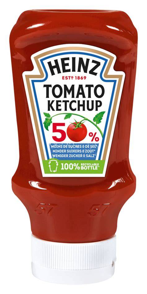 Heinz Ketchup mit 50% weniger Zucker Flasche und Nährwertangaben