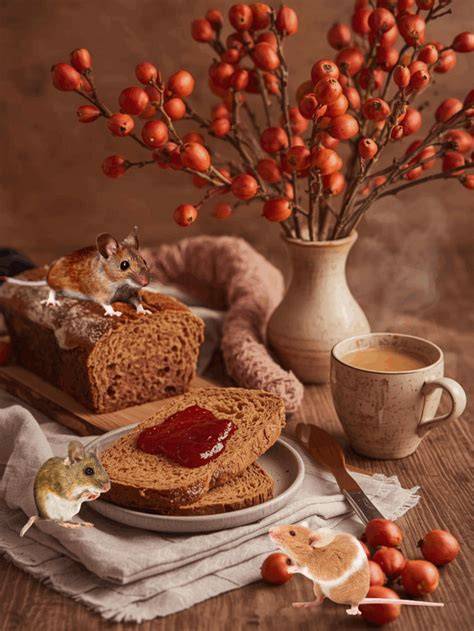 Herbstliche Frühstücksszene mit Brot, Kürbis-Himbeer-Marmelade und frischem Hokkaido