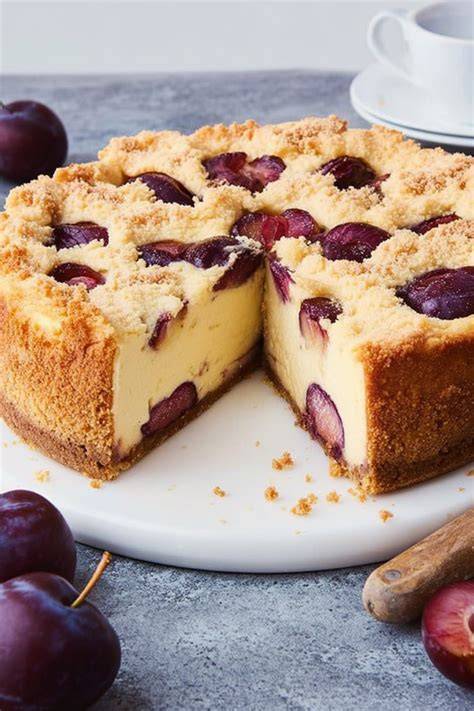 Herbstlicher Zwetschgen Käsekuchen mit Streuseln - Stück auf Teller