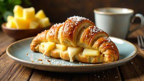 Herstellung und Querschnitt eines klassischen Croissants (Illustration und Schema)