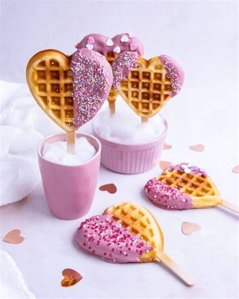 Herz‑Waffeln am Stiel aufgereiht mit Puderzucker