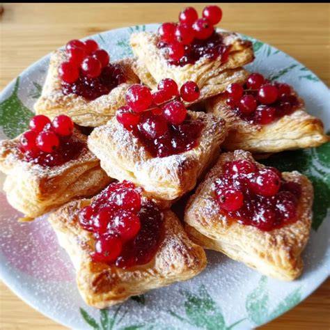 Herzförmige Blätterteigteilchen mit Marzipan-Kirschfüllung auf Backblech