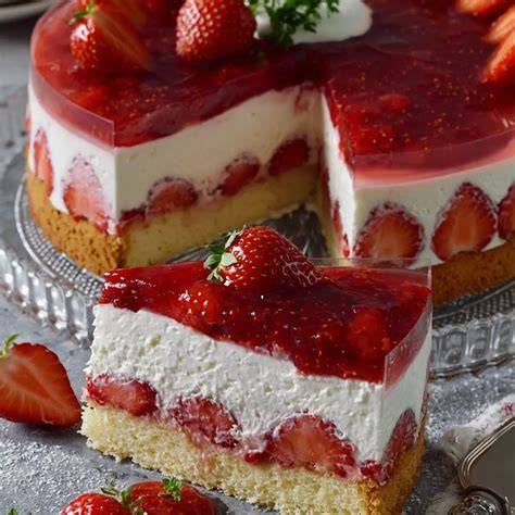Herzförmige Erdbeertorte mit Biskuit, Quark-Sahne-Creme und frischen Erdbeeren
