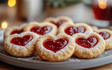 Herzförmige Marzipan-Himbeer-Plätzchen auf Teller