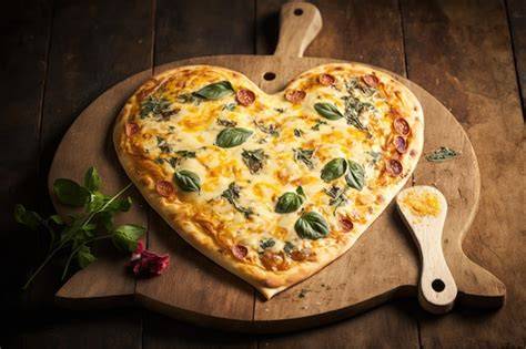 Herzförmige Pizza und Flammkuchen auf einem schönen Holztisch