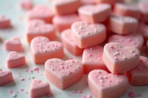 Herzförmige Zuckerherzen und Dekoration für Desserts