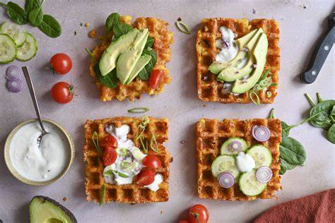 Herzhafte Hüttenkäse-Käsewaffeln mit Frühlingszwiebeln und Dip auf Holzbrett