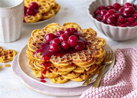 Herzwaffeln mit Vanilleschaum und heißen Kirschen