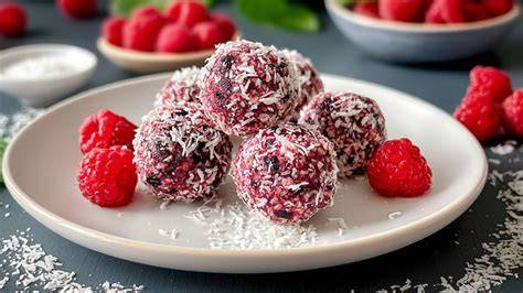 Himbeer Kokos Energy-Balls auf einem Teller