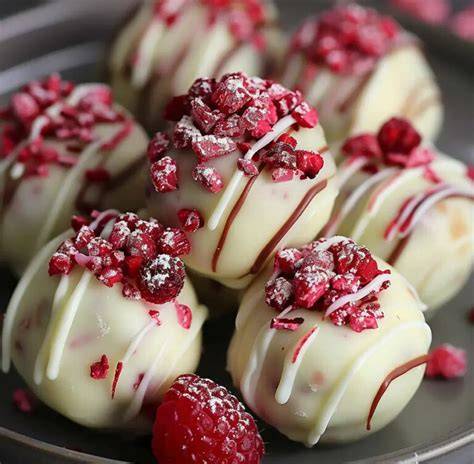 Himbeer Pralinen mit weißer Schokolade dekoriert mit getrockneten Himbeeren