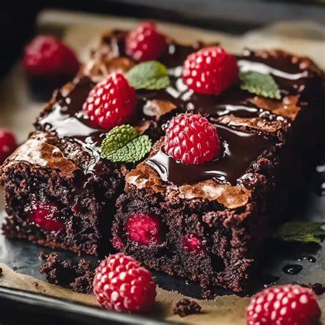 Himbeer-Brownies aufgeschnitten mit frischen Himbeeren