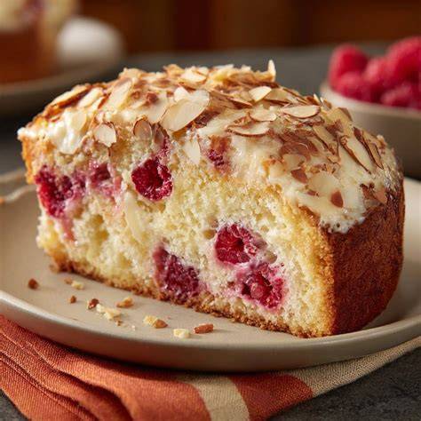 Himbeer-Mandel-Kuchen Querschnitt mit dekorierten Streifen