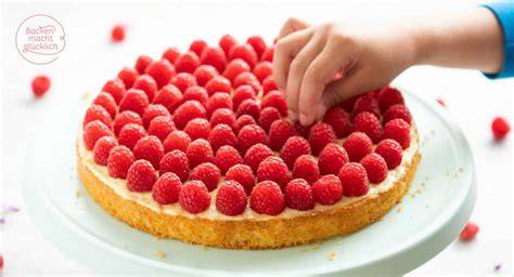Himbeerkuchen mit Biskuit und Vanillepudding