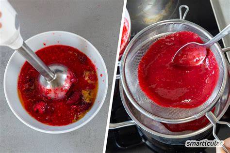 Himbeersoße im Topf und püriert