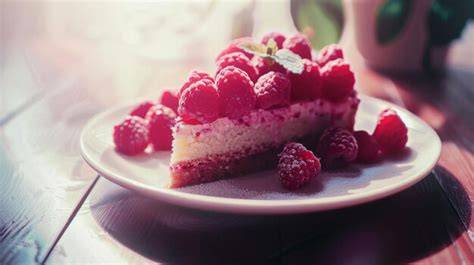 Himbeertörtchen auf Teller mit frischen Himbeeren