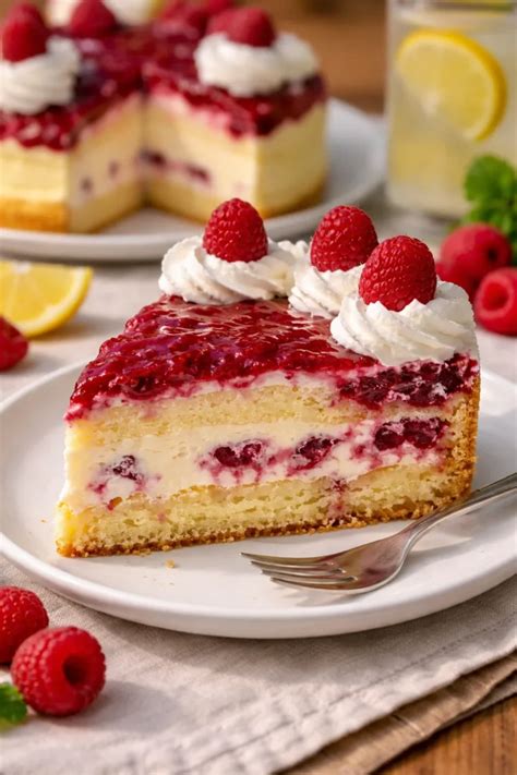 Himbeertorte auf Teller mit frischen Himbeeren