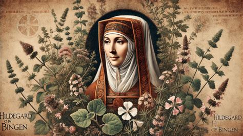 Historische Abbildung: Hildegard von Bingen mit Pflanzen
