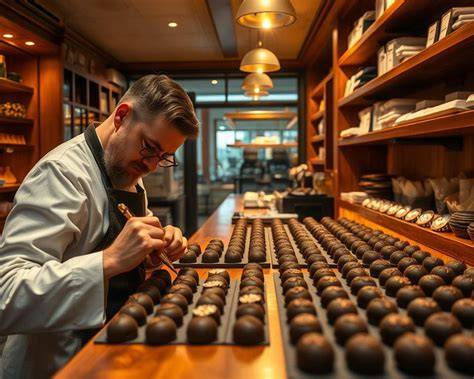 Historische Darstellung eines Chocolatiers bei der Pralinenherstellung