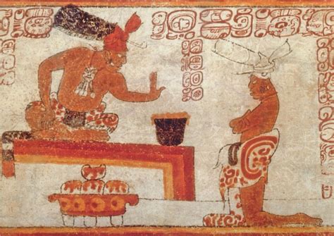 Historische Darstellung von Kakaobäumen und Trinkschokolade bei den Maya