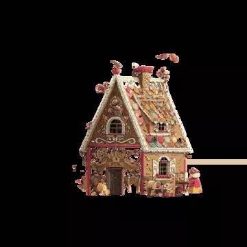 Historische Illustration eines Lebkuchenhauses und einer Lebküchnerfamilie