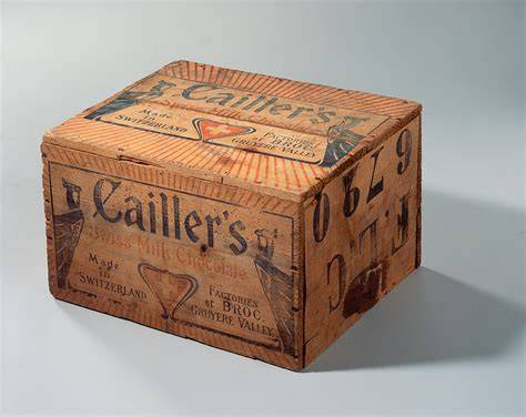 Historische Kiste für den Export von Cailler's Milchschokolade, 1900