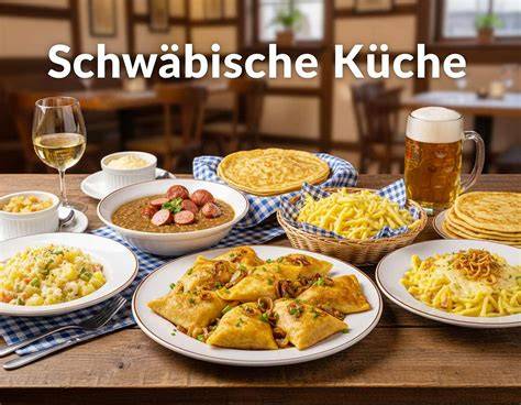 Historische schwäbische Küche - altes Kochbuch, Küchenutensilien und Zutaten