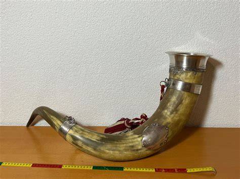 Historisches Trinkhorn neben moderner Metflasche