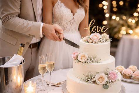 Hochzeitstorte und Messer: Vorbereitung für den Tortenanschnitt