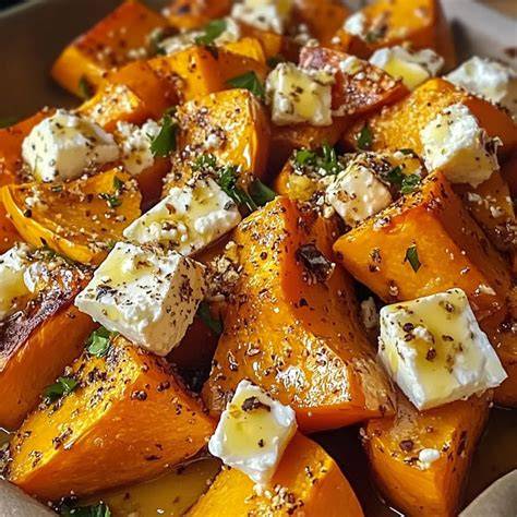 Hokkaido Kürbis mit Feta, Honig und Thymian auf einem Backblech