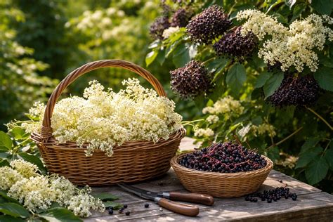 Holunderblüten am Strauch und Ernte