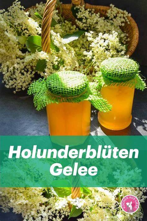 Holunderblüten mit Apfelsaft und Marmeladengläsern auf Küchentisch