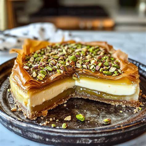 Honig und Pistazien auf dem fertigen Baklava-Käsekuchen verteilt