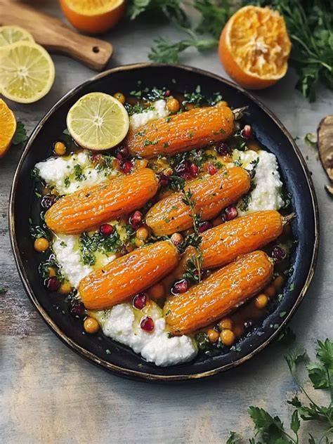 Honig-Harissa Karotten auf cremigem Ricotta mit Granatapfelkernen