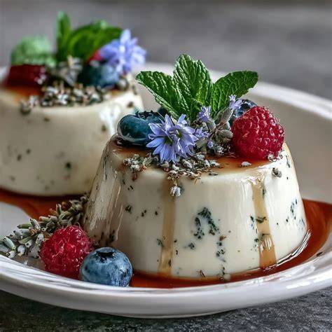 Honig-Panna Cotta mit Zitronenscheiben und frischen Minzblättern