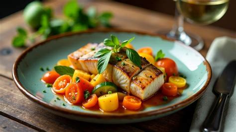 Honig-Senf-Espuma dekorativ angerichtet auf Fisch und Gemüse