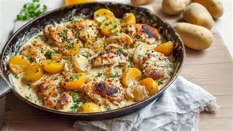 Honig-Senf-Hähnchen in cremiger Sauce in der Pfanne